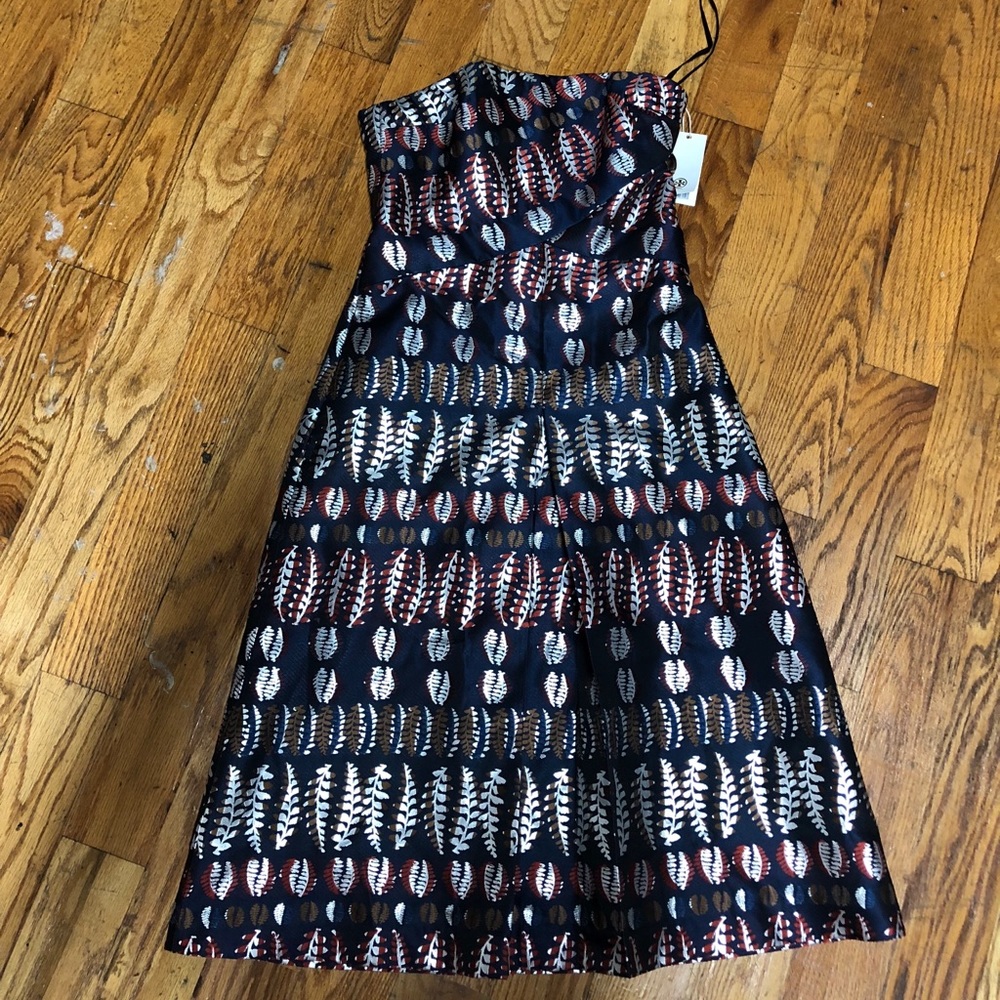 Tory Burch Blue Fern Jacquard Strapless Dress